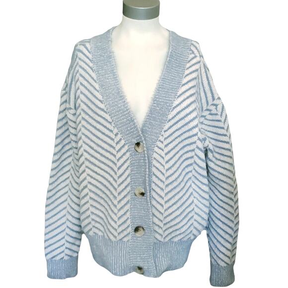 FRNCH Diagonal Stripe Chenille V-Neck Cardigan sweater blue white Size S / M NEW - Picture 1 of 6